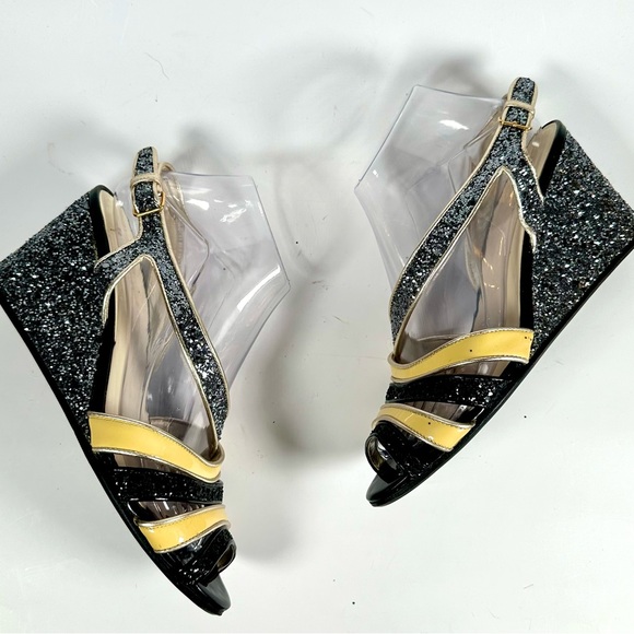Excellent Condition Miu Miu Vernice Slingbag Gray Sparkle Leather Wedge Sandals - Picture 8 of 10
